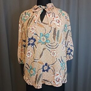 Joie Cottagecore Floral Swiss Dot Tie Neck Blouse Ruffle Top‎ Medium